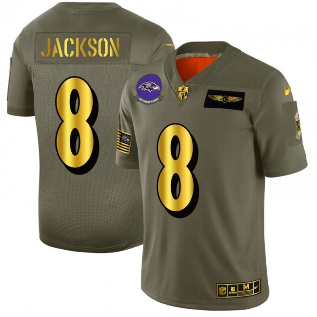 Baltimore Ravens #8 Lamar Jackson NFL Men's Nike Olive Gold 2019 Salute to Service Limited Jersey