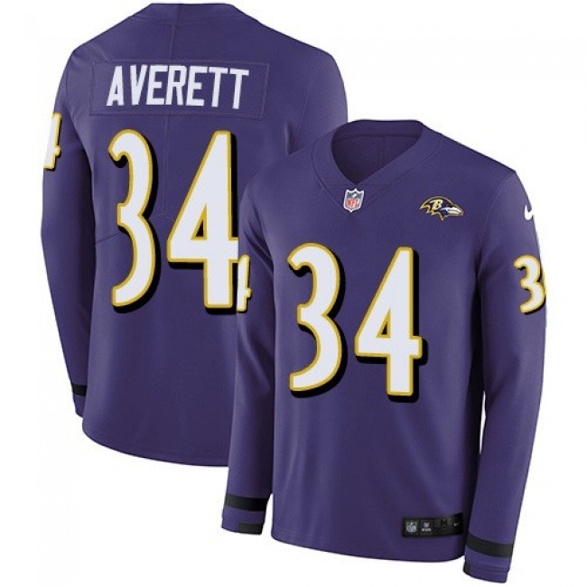 Nike Ravens #34 Anthony Averett Purple Team Color Men's Stitched NFL Limited Therma Long Sleeve Jersey