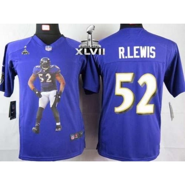 Baltimore Ravens #52 Ray Lewis Purple Team Color Super Bowl XLVII Youth Portrait Fashion NFL Game Jersey