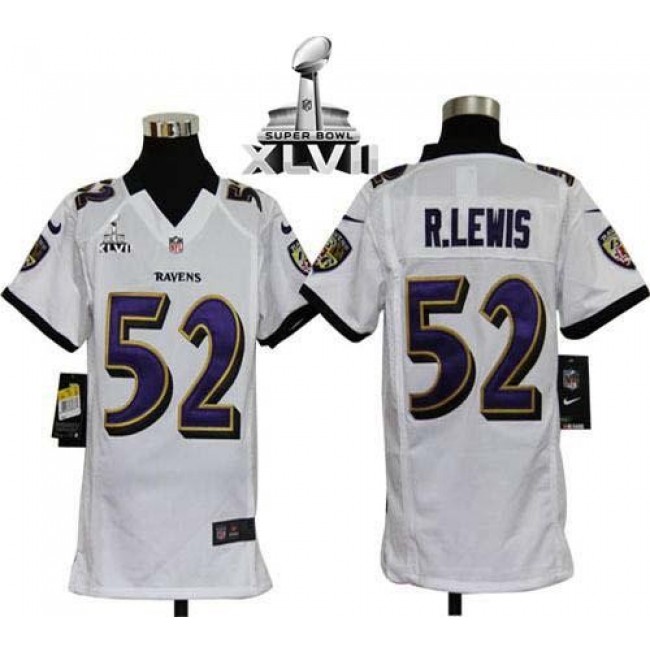 Baltimore Ravens #52 Ray Lewis White Super Bowl XLVII Youth Stitched NFL Elite Jersey