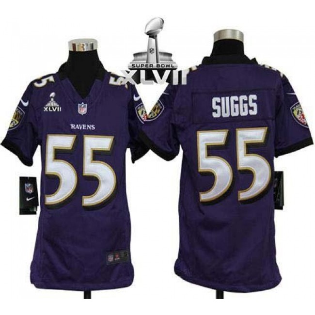 Baltimore Ravens #55 Terrell Suggs Purple Team Color Super Bowl XLVII Youth Stitched NFL Elite Jersey