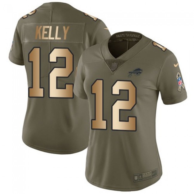 Women's Bills #12 Jim Kelly Olive Gold Stitched NFL Limited 2017 Salute to Service Jersey