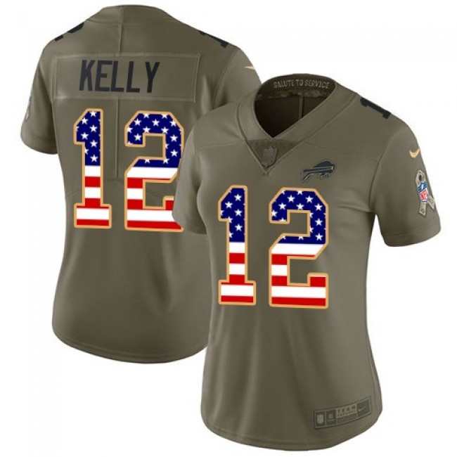 Women's Bills #12 Jim Kelly Olive USA Flag Stitched NFL Limited 2017 Salute to Service Jersey