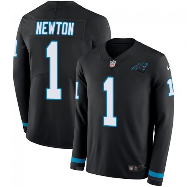 Nike Panthers #1 Cam Newton Black Team Color Men's Stitched NFL Limited Therma Long Sleeve Jersey