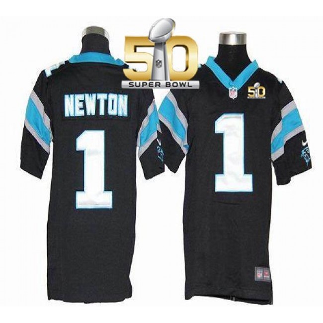 Carolina Panthers #1 Cam Newton Black Team Color Super Bowl 50 Youth Stitched NFL Elite Jersey
