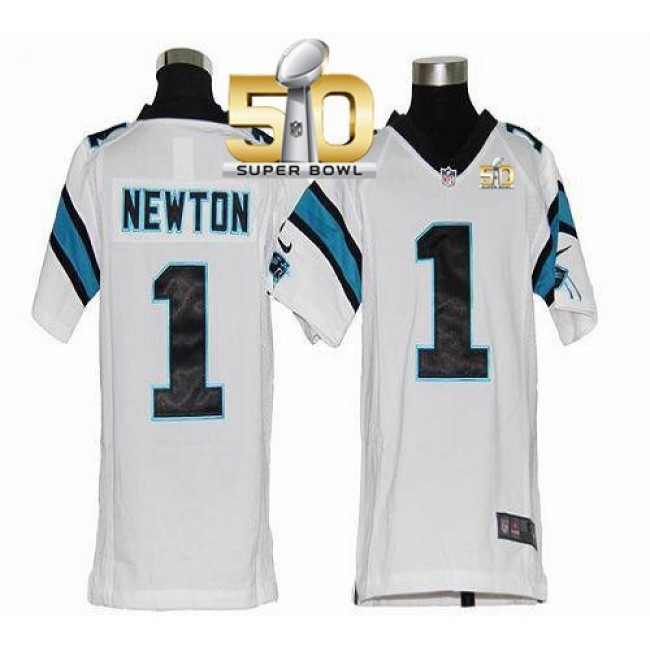 Carolina Panthers #1 Cam Newton White Super Bowl 50 Youth Stitched NFL Elite Jersey