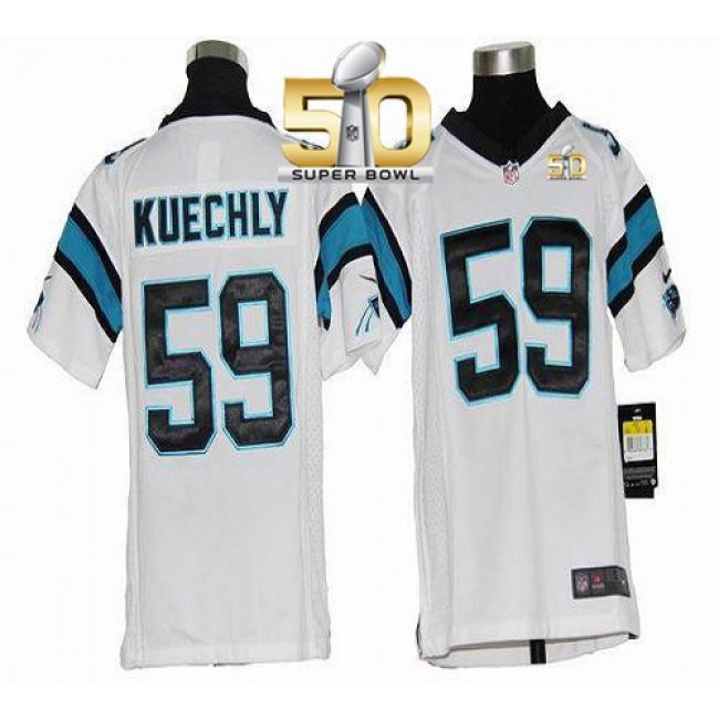 Carolina Panthers #59 Luke Kuechly White Super Bowl 50 Youth Stitched NFL Elite Jersey