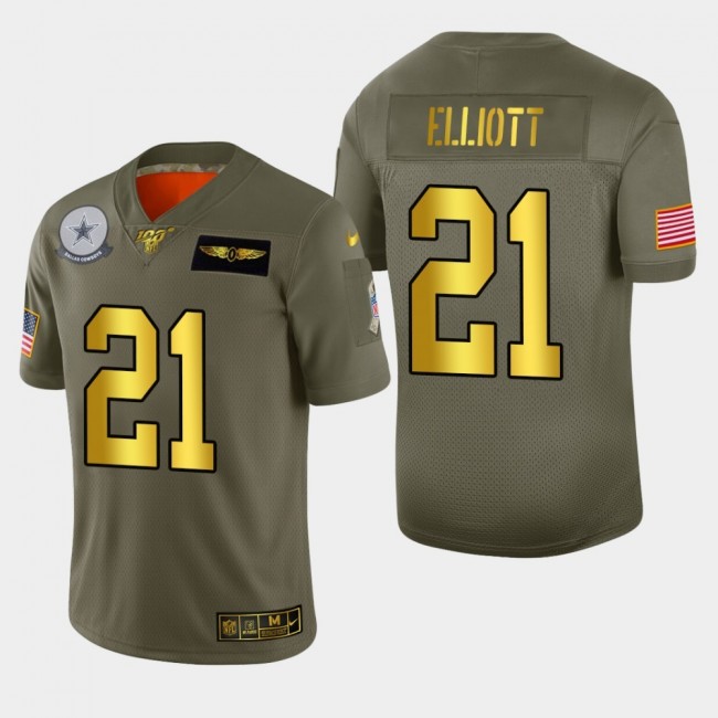 Dallas Cowboys #21 Ezekiel Elliott Men's Nike Olive Gold 2019 Salute to Service Limited NFL 100 Jersey