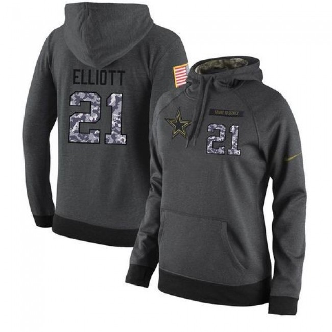 Women's NFL Dallas Cowboys #21 Ezekiel Elliott Stitched Black Anthracite Salute to Service Player Hoodie Jersey