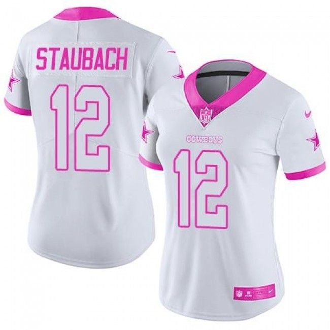 Women's Cowboys #12 Roger Staubach White Pink Stitched NFL Limited Rush Jersey
