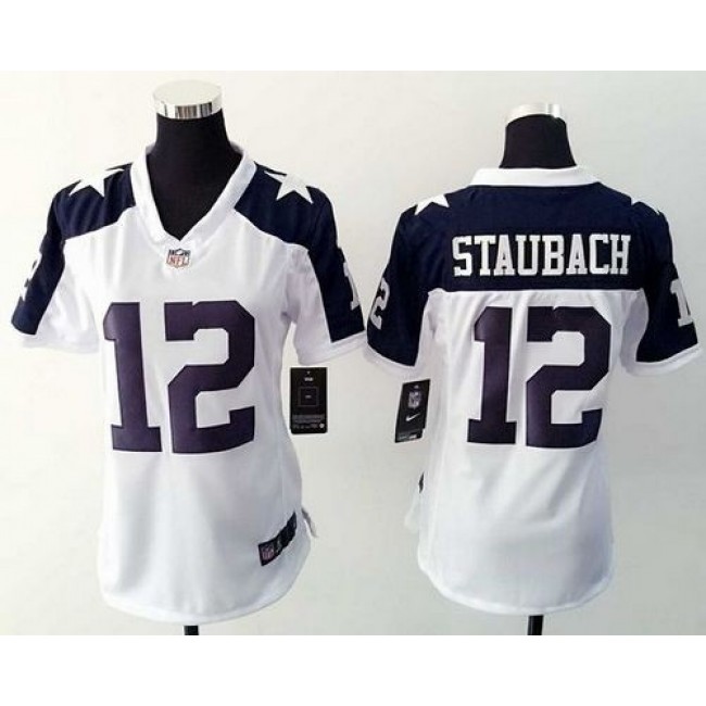 Women's Cowboys #12 Roger Staubach White Thanksgiving Throwback Stitched NFL Elite Jersey
