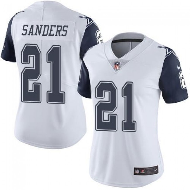 Women's Cowboys #21 Deion Sanders White Stitched NFL Limited Rush Jersey