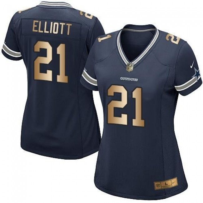 Women's Cowboys #21 Ezekiel Elliott Navy Blue Team Color Stitched NFL Elite Gold Jersey