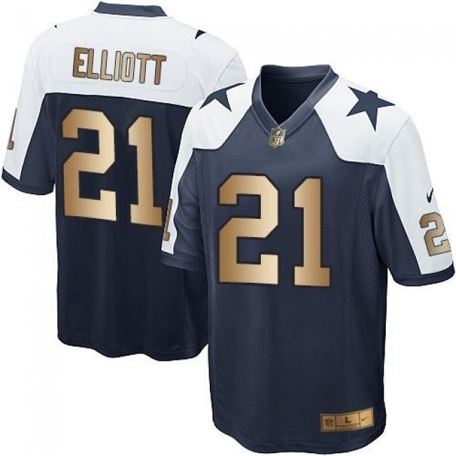 Dallas Cowboys #21 Ezekiel Elliott Navy Blue Thanksgiving Throwback Youth Stitched NFL Elite Gold Jersey