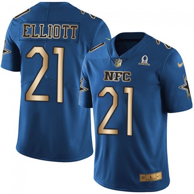 Dallas Cowboys #21 Ezekiel Elliott Navy Youth Stitched NFL Limited Gold NFC 2017 Pro Bowl Jersey