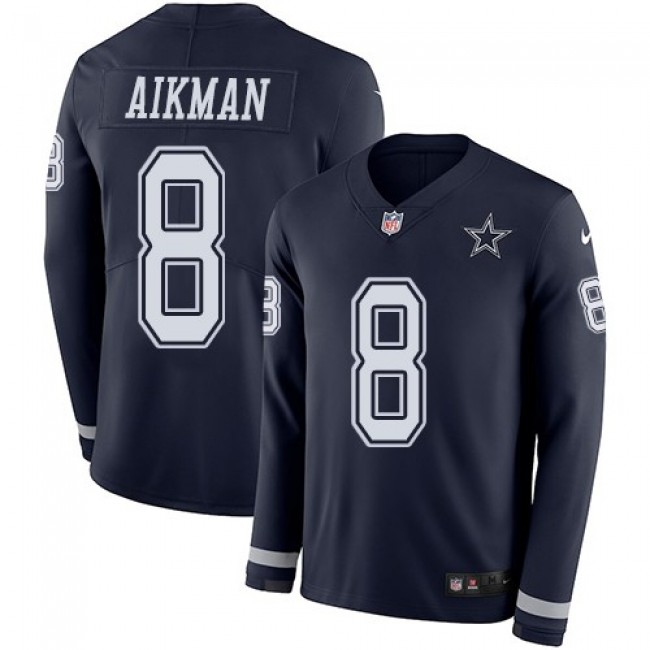 Nike Cowboys #8 Troy Aikman Navy Blue Team Color Men's Stitched NFL Limited Therma Long Sleeve Jersey