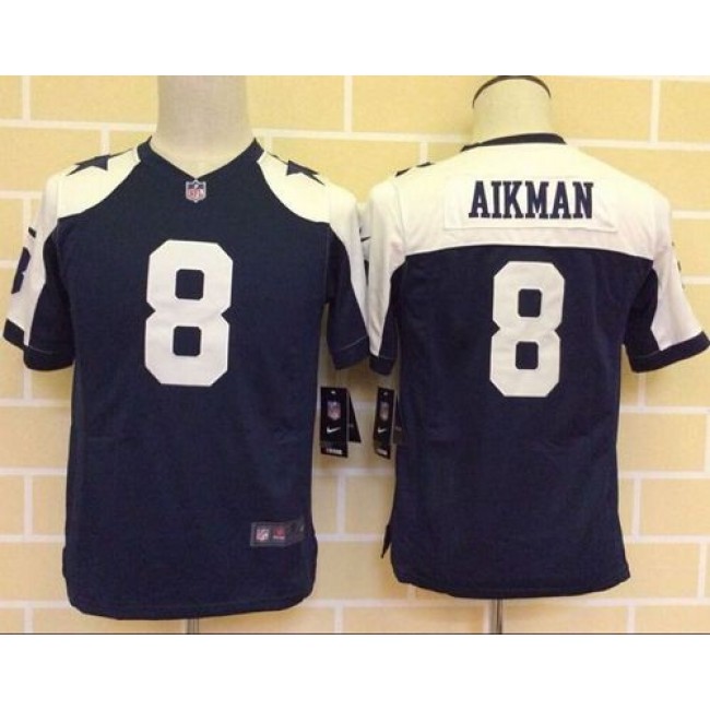 Dallas Cowboys #8 Troy Aikman Navy Blue Thanksgiving Youth Throwback Stitched NFL Elite Jersey