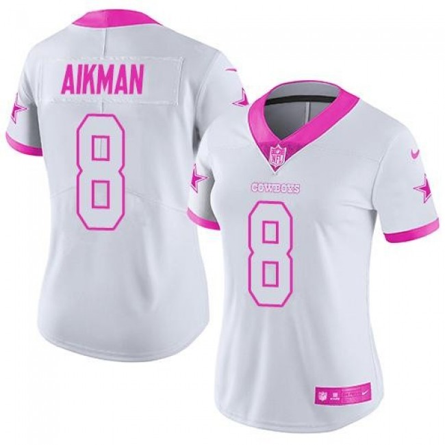 Women's Cowboys #8 Troy Aikman White Pink Stitched NFL Limited Rush Jersey