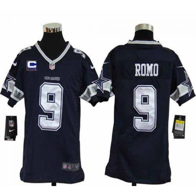 Dallas Cowboys #9 Tony Romo Navy Blue Team Color With C Patch Youth Stitched NFL Elite Jersey