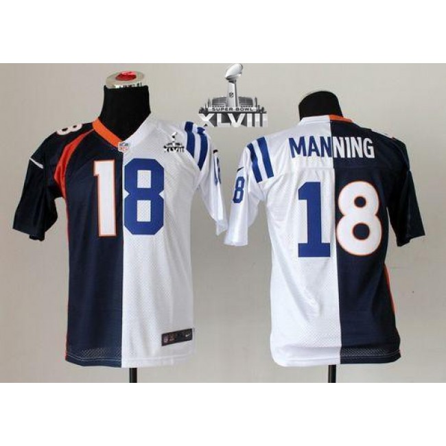 Denver Broncos #18 Peyton Manning Blue-White Super Bowl XLVIII Youth Stitched NFL Elite Split Indianapolis Colts Jersey