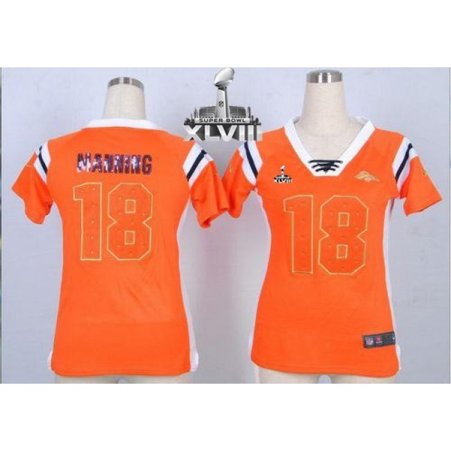 Women's Broncos #18 Peyton Manning Orange Super Bowl XLVIII Stitched NFL Elite Draft Him Shimmer Jersey