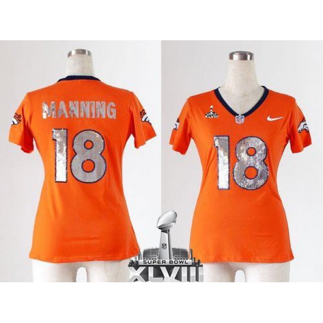 Women's Broncos #18 Peyton Manning Orange Team Color Handwork Sequin Lettering Super Bowl XLVIII Stitched NFL Elite Jersey