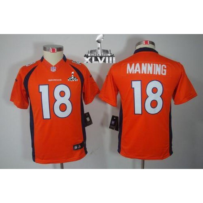 Denver Broncos #18 Peyton Manning Orange Team Color Super Bowl XLVIII Youth Stitched NFL Limited Jersey