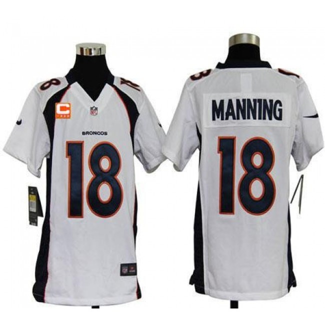 Denver Broncos #18 Peyton Manning White With C Patch Youth Stitched NFL Elite Jersey