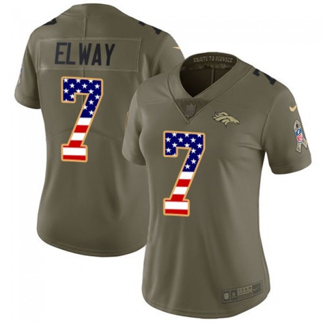 Women's Broncos #7 John Elway Olive USA Flag Stitched NFL Limited 2017 Salute to Service Jersey