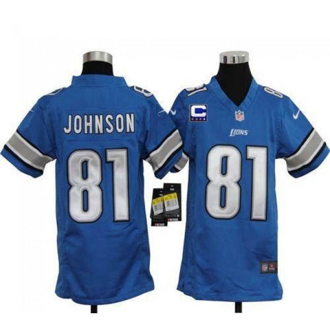 Detroit Lions #81 Calvin Johnson Light Blue Team Color With C Patch Youth Stitched NFL Elite Jersey