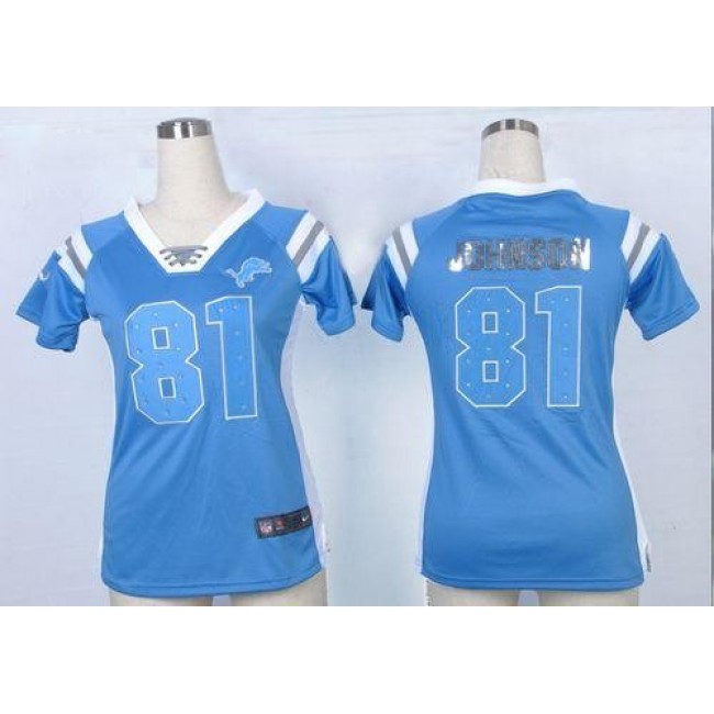 Women's Lions #81 Calvin Johnson Light Blue Team Color Stitched NFL Elite Draft Him Shimmer Jersey