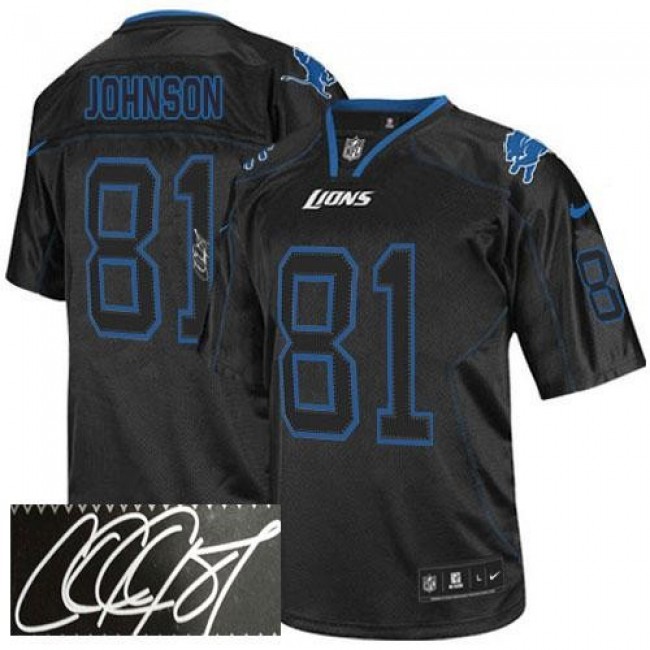 Nike Lions #81 Calvin Johnson Lights Out Black Men's Stitched NFL Elite Autographed Jersey