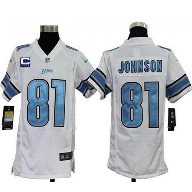 Detroit Lions #81 Calvin Johnson White With C Patch Youth Stitched NFL Elite Jersey