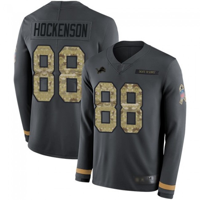 Nike Lions #88 T.J. Hockenson Anthracite Salute to Service Men's Stitched NFL Limited Therma Long Sleeve Jersey