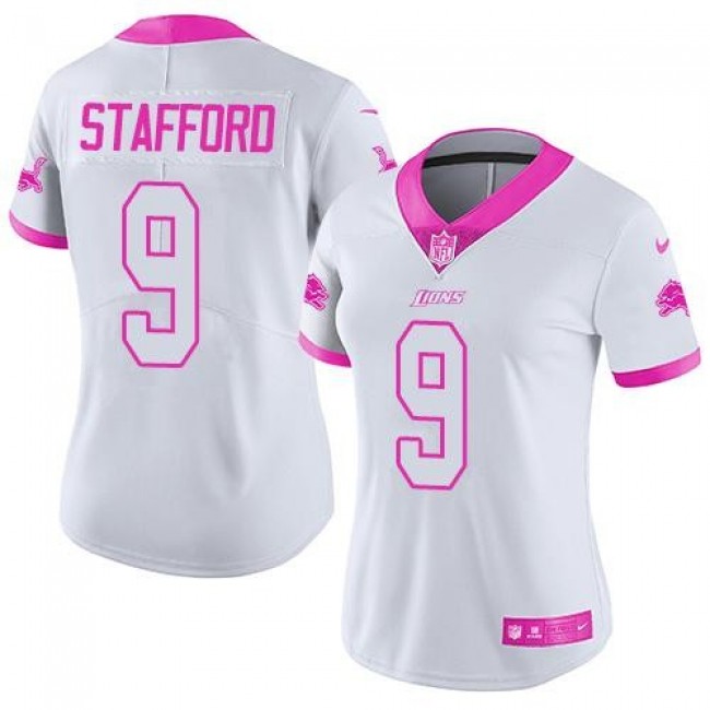 Women's Lions #9 Matthew Stafford White Pink Stitched NFL Limited Rush Jersey