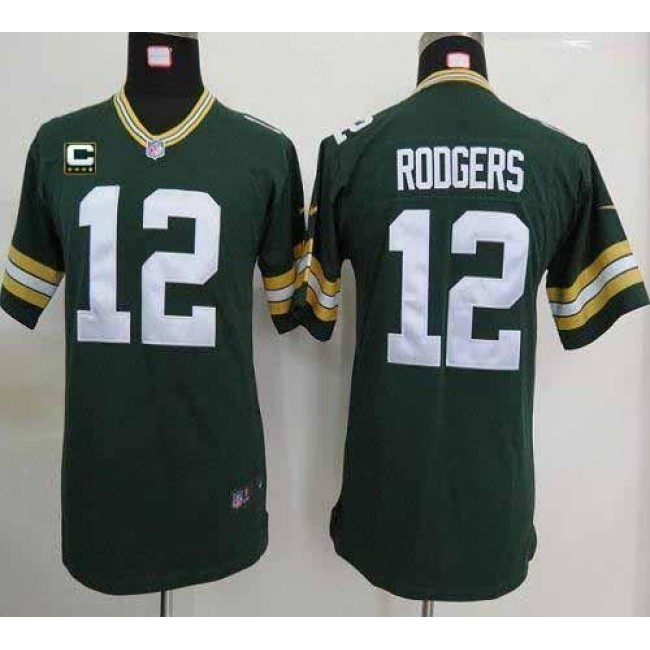 Green Bay Packers #12 Aaron Rodgers Green Team Color With C Patch Youth Stitched NFL Elite Jersey