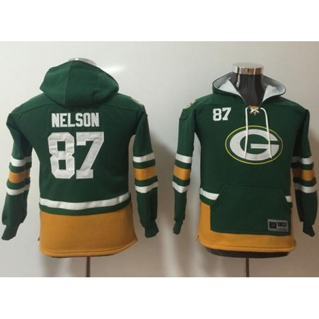 Green Bay Packers #87 Jordy Nelson Green-Gold Youth Name Number Pullover NFL Hoodie Jersey