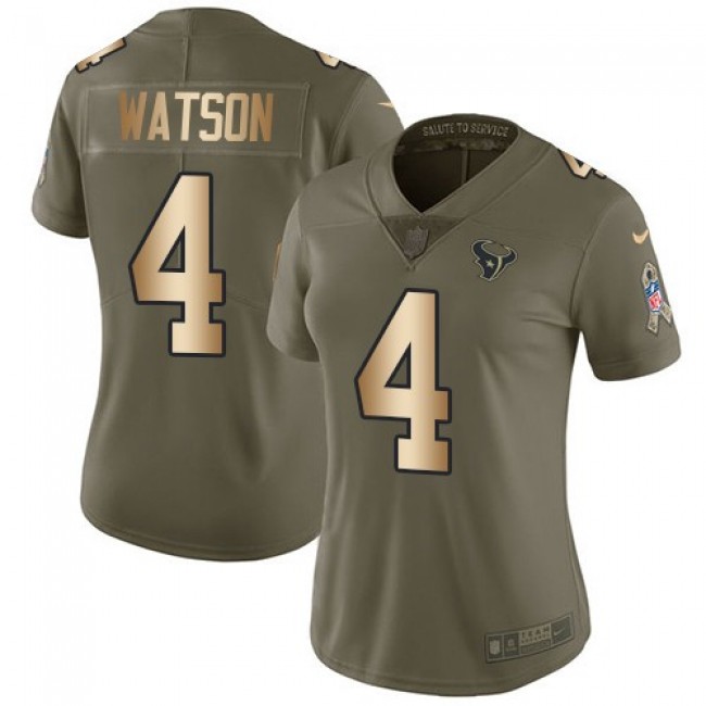 Women's Texans #4 Deshaun Watson Olive Gold Stitched NFL Limited 2017 Salute to Service Jersey