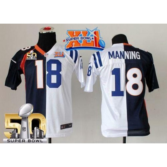 Indianapolis Colts #18 Peyton Manning Blue-White Super Bowl XLI Super Bowl 50 Youth Stitched NFL Elite Split Denver Broncos Jersey