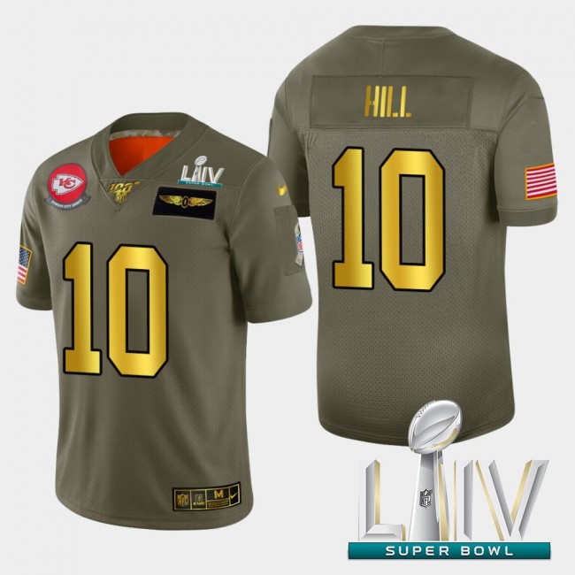 Kansas City Chiefs #10 Tyreek Hill Men's Nike Olive Gold Super Bowl LIV 2020 2019 Salute to Service Limited NFL 100 Jersey