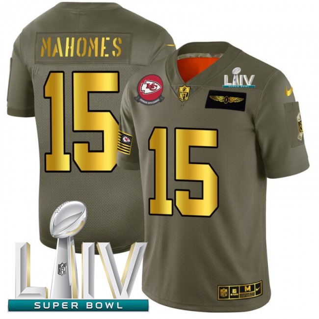 Kansas City Chiefs #15 Patrick Mahomes NFL Men's Nike Olive Gold Super Bowl LIV 2020 2019 Salute to Service Limited Jersey
