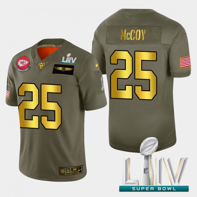 Kansas City Chiefs #25 LeSean McCoy Men's Nike Olive Gold Super Bowl LIV 2020 2019 Salute to Service Limited NFL 100 Jersey