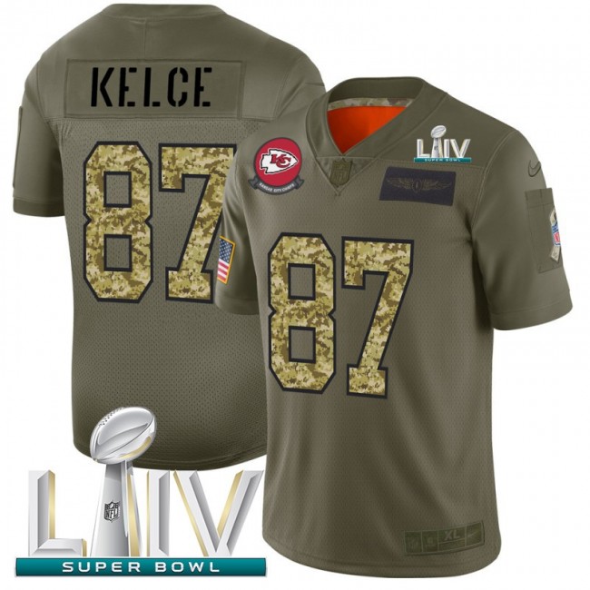Kansas City Chiefs #87 Travis Kelce Men's Nike 2019 Olive Camo Super Bowl LIV 2020 Salute To Service Limited NFL Jersey
