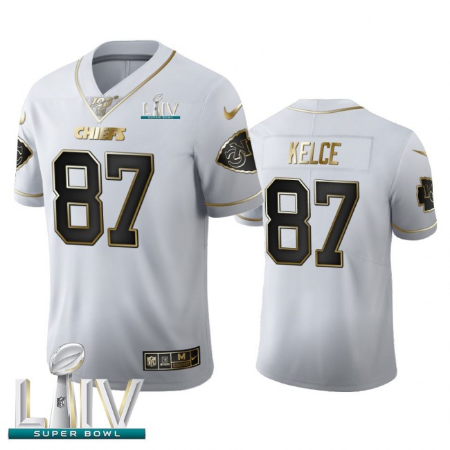 Kansas City Chiefs #87 Travis Kelce Men's Nike White Golden Super Bowl LIV 2020 Edition Vapor Limited NFL 100 Jersey