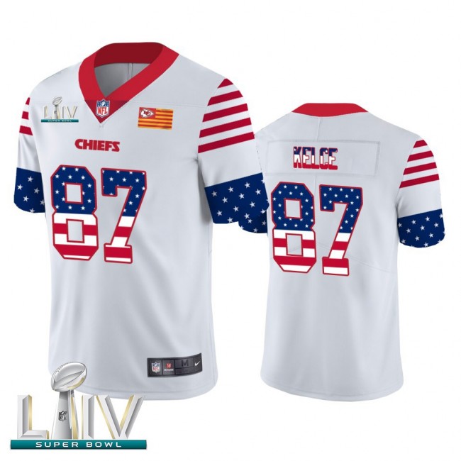 Kansas City Chiefs #87 Travis Kelce White Super Bowl LIV 2020 Men's Nike Team Logo USA Flag Vapor Untouchable Limited NFL Jersey