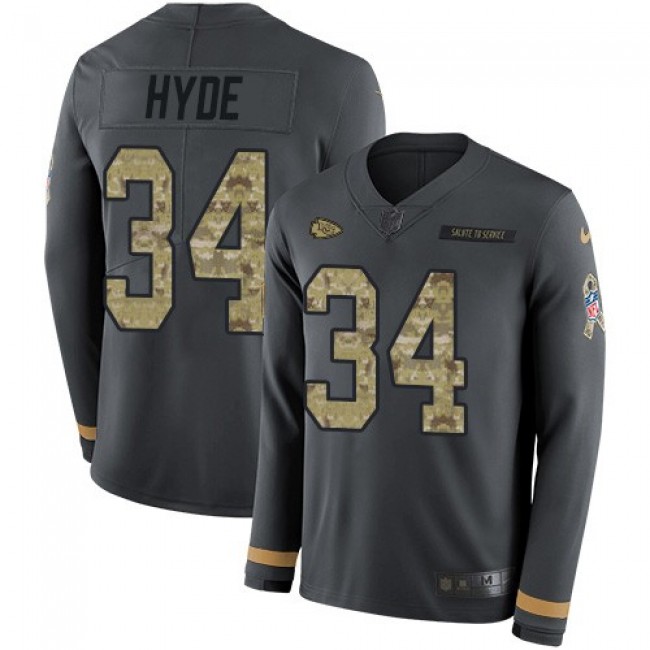 Nike Chiefs #34 Carlos Hyde Anthracite Salute to Service Men's Stitched NFL Limited Therma Long Sleeve Jersey