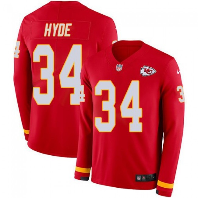 Nike Chiefs #34 Carlos Hyde Red Team Color Men's Stitched NFL Limited Therma Long Sleeve Jersey