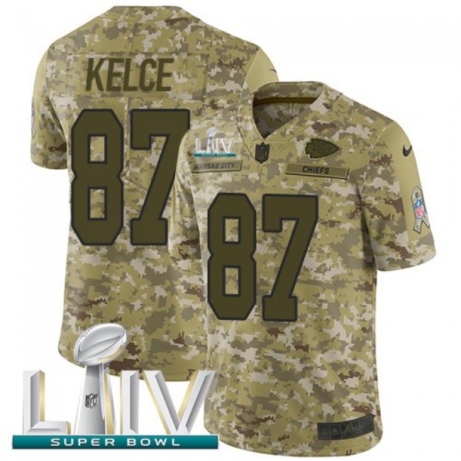 Nike Chiefs #87 Travis Kelce Camo Super Bowl LIV 2020 Men's Stitched NFL Limited 2018 Salute To Service Jersey