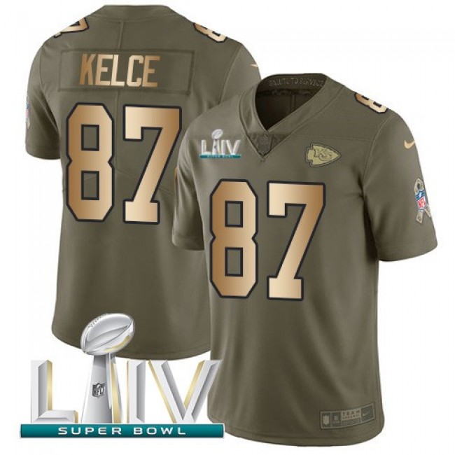 Nike Chiefs #87 Travis Kelce Olive/Gold Super Bowl LIV 2020 Men's Stitched NFL Limited 2017 Salute To Service Jersey
