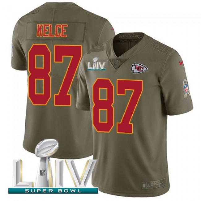 Nike Chiefs #87 Travis Kelce Olive Super Bowl LIV 2020 Men's Stitched NFL Limited 2017 Salute To Service Jersey